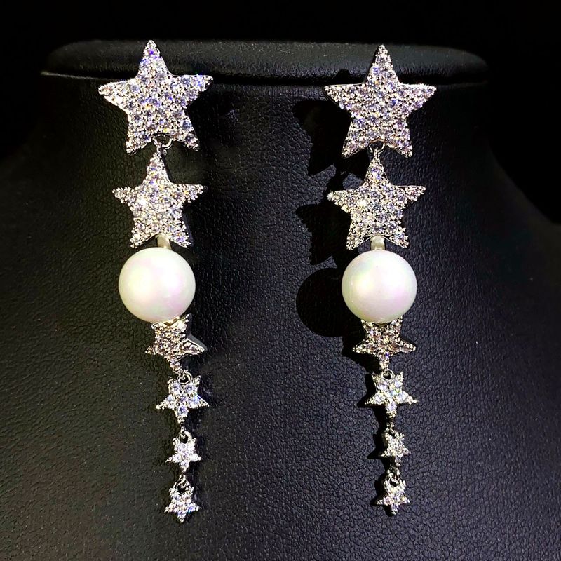 Ohrringe mit Farbverlauf und Sternmotiv, leichter Luxus im Trend, Mikro-Set mit Zirkonia, elegante Perlen mit langen Quasten, dünn und rund_voghion.com