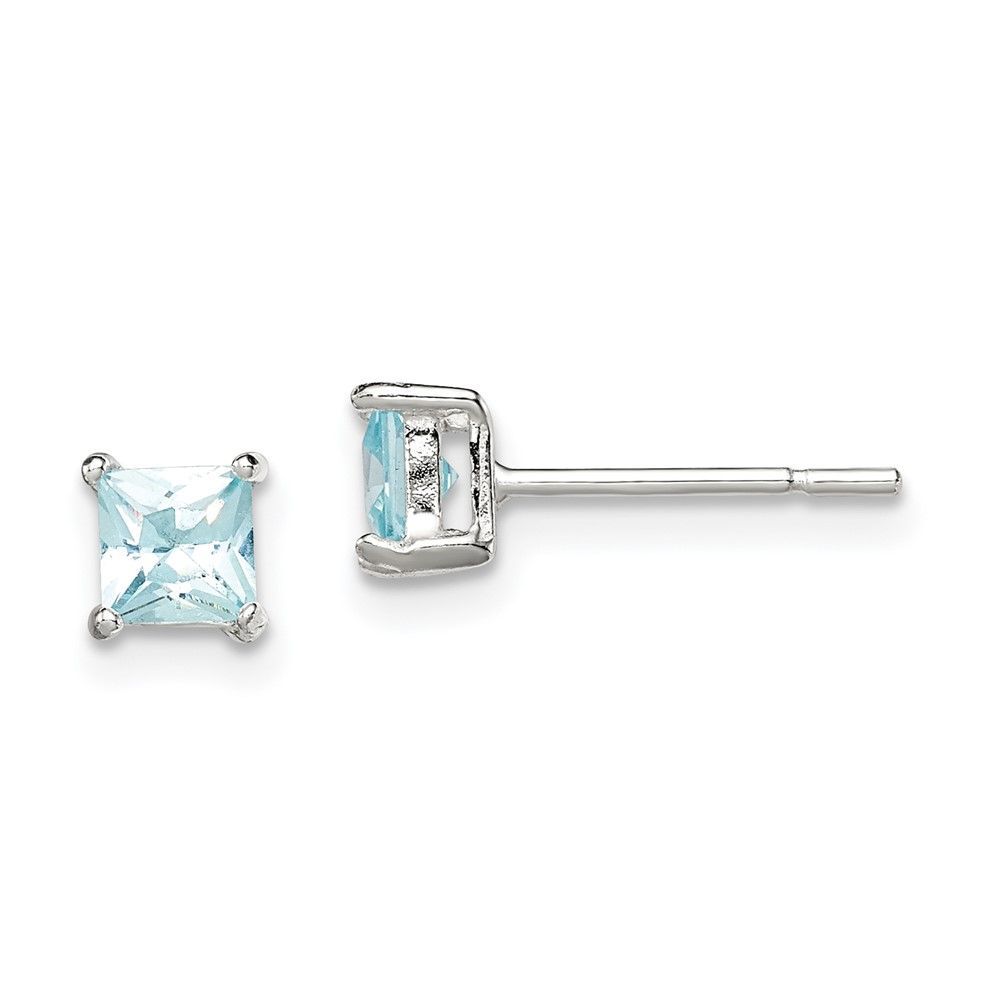 Sterling Silver Polished 4mm Square Light Blue CZ Stud Earrings_voghion.com