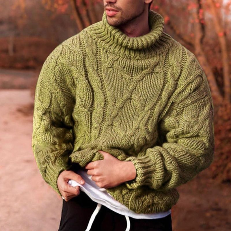 Autumn And Winter New Casual Twisted Flower High Collar Men's Solid Color Sweater Men's Knitwear_voghion.com