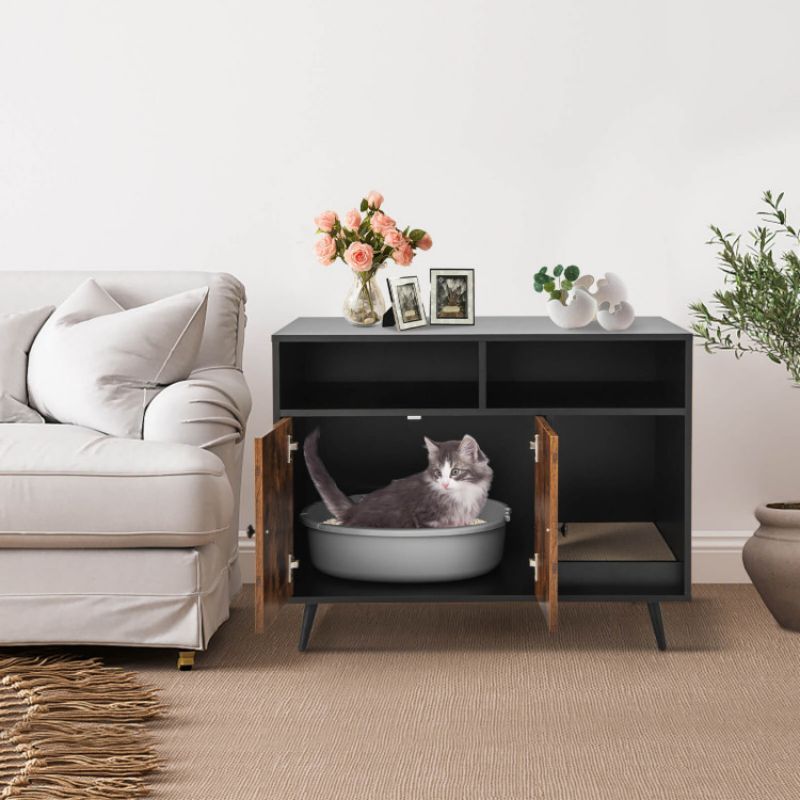 Cat Litter Box Enclosure With Storage Compartments And Pet Scratcher_voghion.com