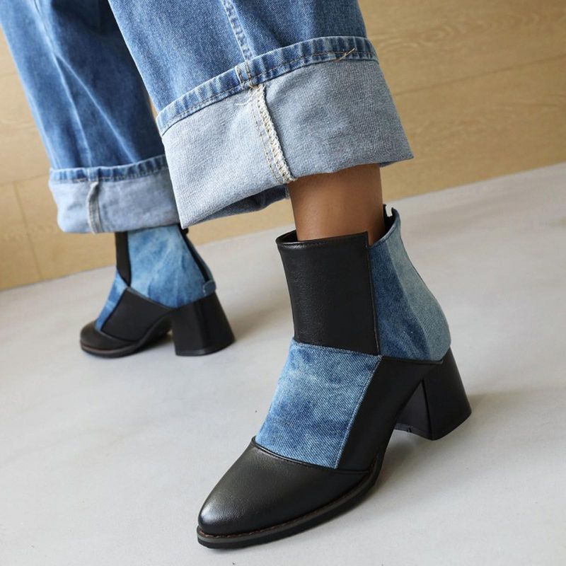 Fashion Women's Shoes Autumn And Winter Leather Pointed Back Zipper High Heeled Color Matching Boots_voghion.com