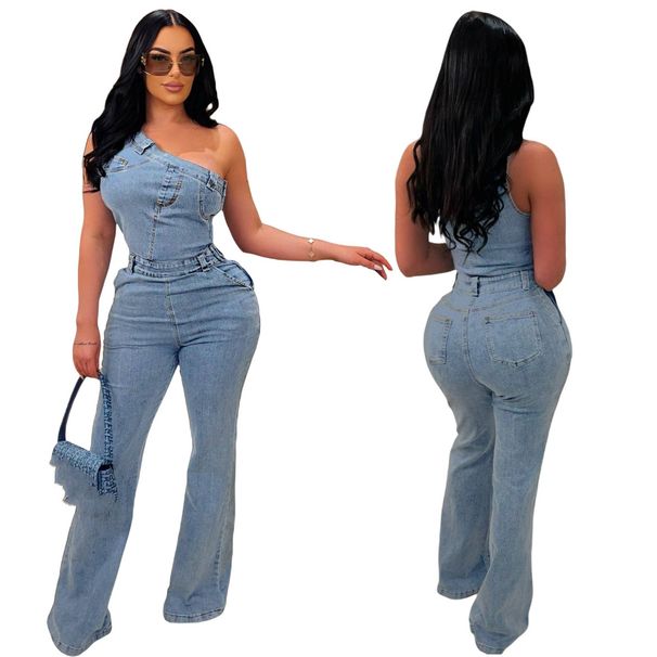 Women's Clothing oblique shoulder tight waist slim elastic washed denim jumpsuit jumpsuit flared pants_voghion.com