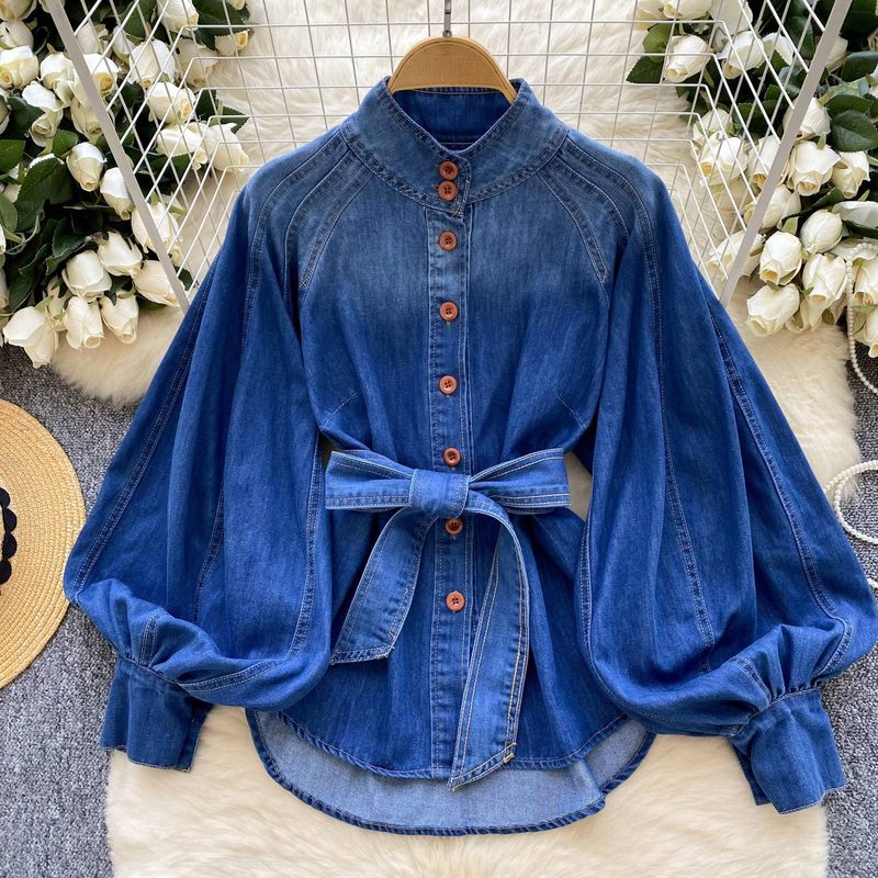Femei cămașă din denim slim fit cu mânecă lungă și guler înalt_voghion.com