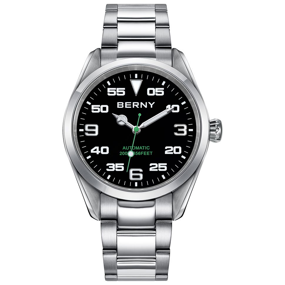 BERNY Automatikuhren für Herren, modisch, 20 ATM wasserdicht, analog, mechanisch, silberfarben, Edelstahl, leuchtend, Saphirglas, Herrenarmbanduhr_voghion.com