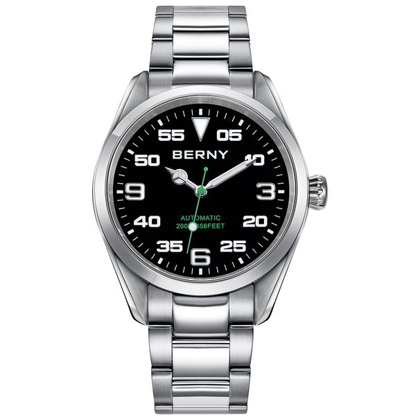 BERNY Automatikuhren für Herren, modisch, 20 ATM wasserdicht, analog, mechanisch, silberfarben, Edelstahl, leuchtend, Saphirglas, Herrenarmbanduhr_voghion.com