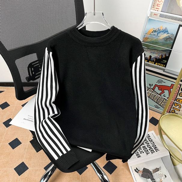 Maglione girocollo da uomo alla moda, con ricamo, a maniche lunghe, a righe, in maglia, casual, da indossare a strati_voghion.com