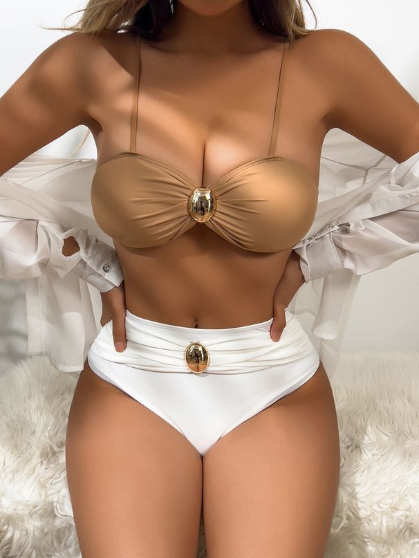 Bikini sexy a vita alta - Color block alla moda e dettagli con bottoni, comoda imbottitura push-up, costume da bagno in nylon per donna (S/M/L/XL)_voghion.com