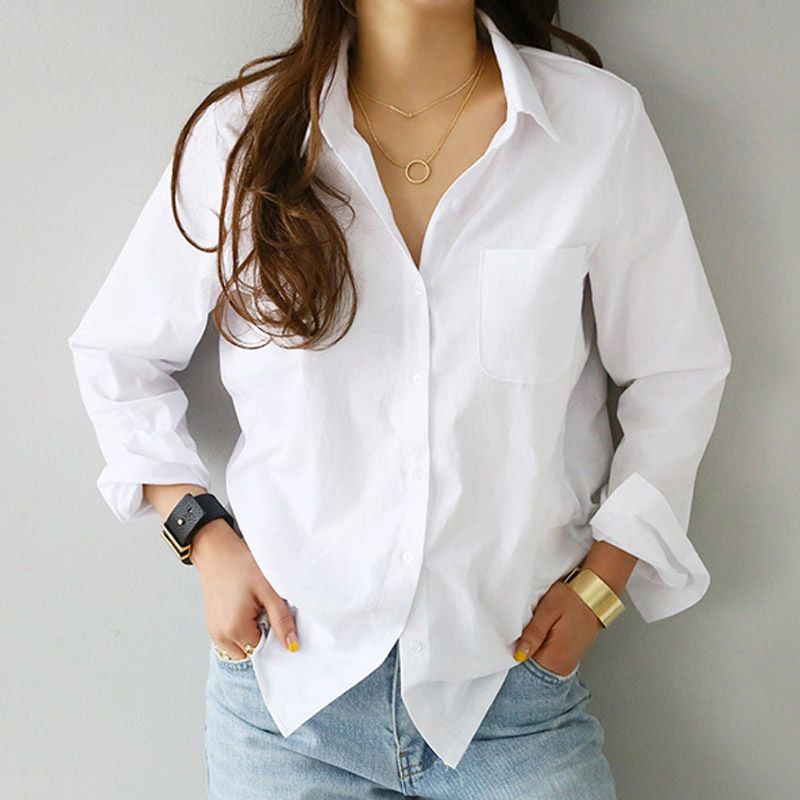 2024 Primavera e Autunno Nuovo Colore Solido Base Manica Lunga OL Professionale Dimagrante Look Collo Sottile Camicia Bianca Interna per_voghion.com