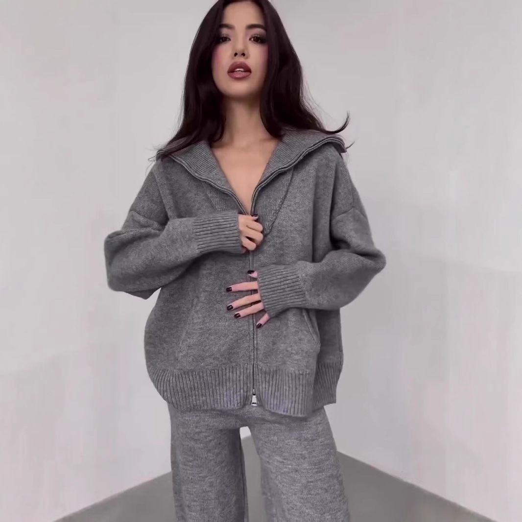 Abbigliamento donna autunno e inverno nuovo stile morbido e pigro cardigan lavorato a maglia giacca pantaloni a gamba larga set due pezzi_voghion.com