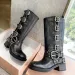 Leather Thick Heel Cap Toe Knee Bootie Belt Buckle Cowhide Slip-On Motorcycle Women Outdoor Shoe Deigner Combat_voghion.com