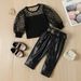 Mother Kids Girls Flocking Polka Dot Puff Sleeve Stitching Top Belt Leather Trousers Suit_voghion.com