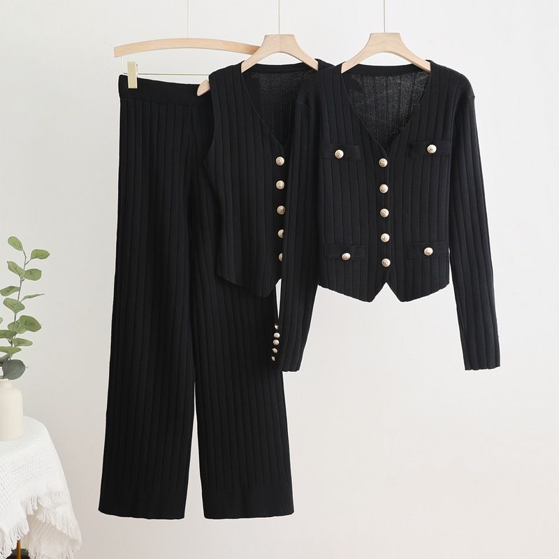 Damenbekleidung, langärmelig, V-Ausschnitt, einreihige Strickjacke, dreiteilige Weste, hohe Taille, gerade Hose mit weitem Bein_voghion.com