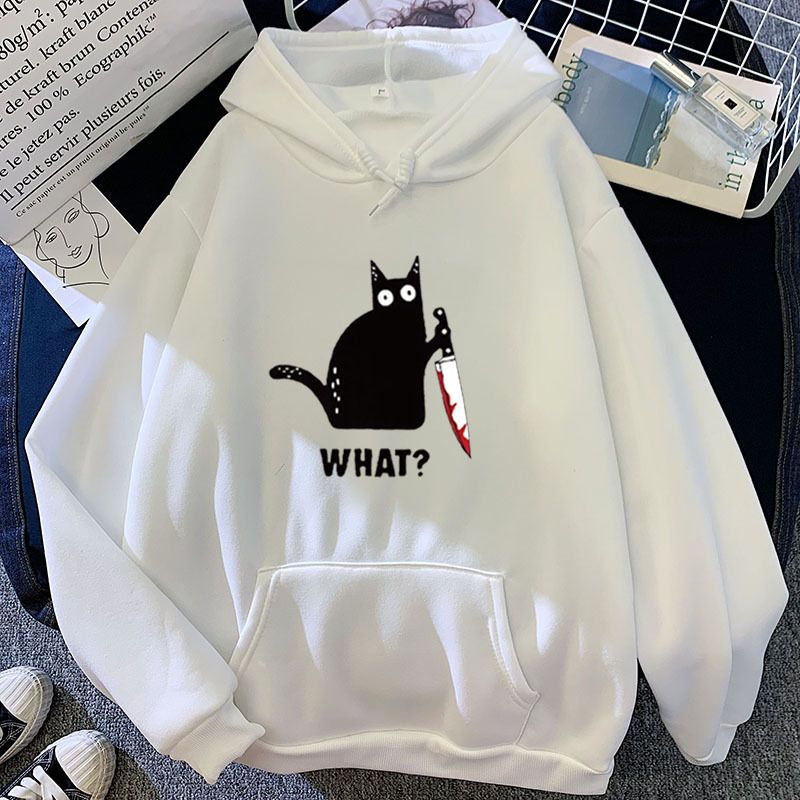 Autumn Winter New Candy Color Couple Matching Personalized Print WHAT? Black Cat Graphic Hoodie Sweatshirt_voghion.com