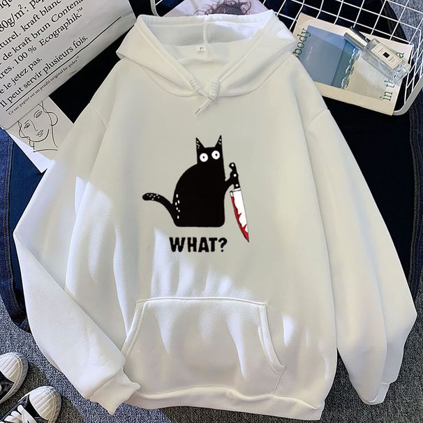 Autumn Winter New Candy Color Couple Matching Personalized Print WHAT? Black Cat Graphic Hoodie Sweatshirt_voghion.com