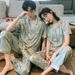 Couple's Pajamas For Spring, Summer, And Autumn | Ice Silk Short Sleeves And Pants For Cool And Comfortable Comfort--Wide Stripe Black And Blue Style_voghion.com