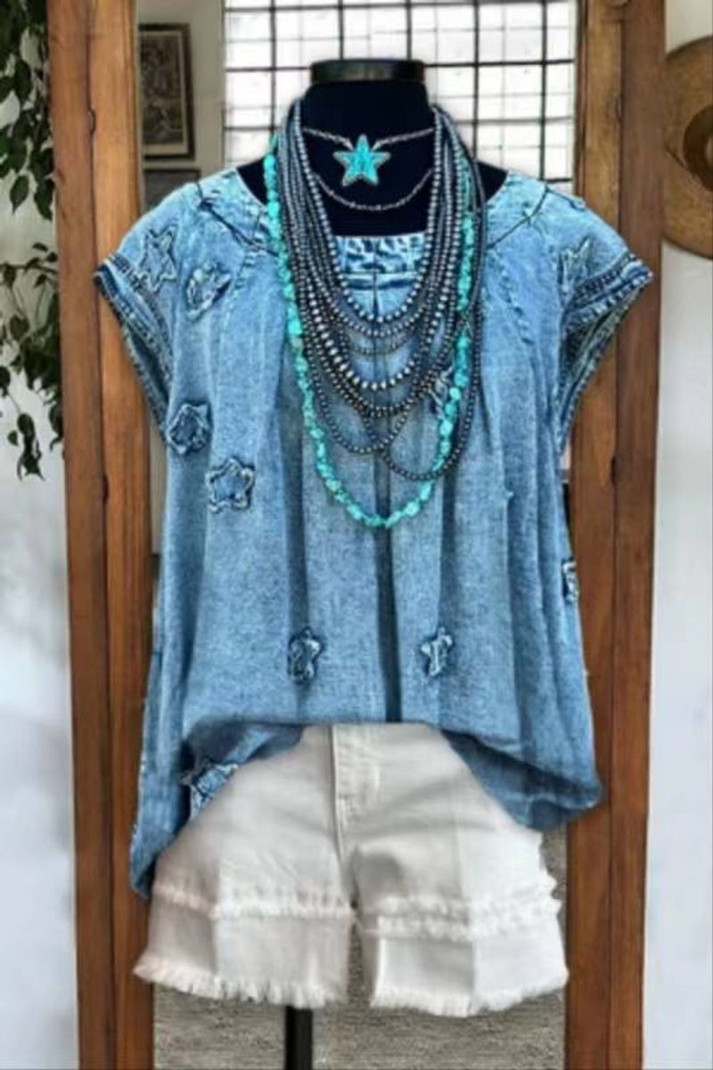 Hanorac din denim fără mâneci, cu model de stea și etichete, pentru femei, îmbrăcăminte casual_voghion.com
