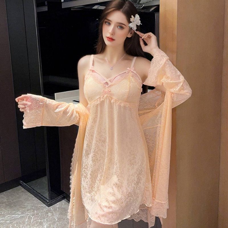 Sexy camisole-pyjamas med brystpute, lange ermer, blonder i rent vindnettstoff_voghion.com