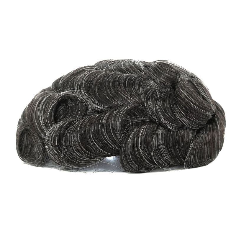 Q6 Toupee For Men 100% Human Hair Pieces I French Lace Front Poly Skin Bleached Hair Replacement System Men Wigs Off Black With 30% Grey Color #1B30_voghion.com