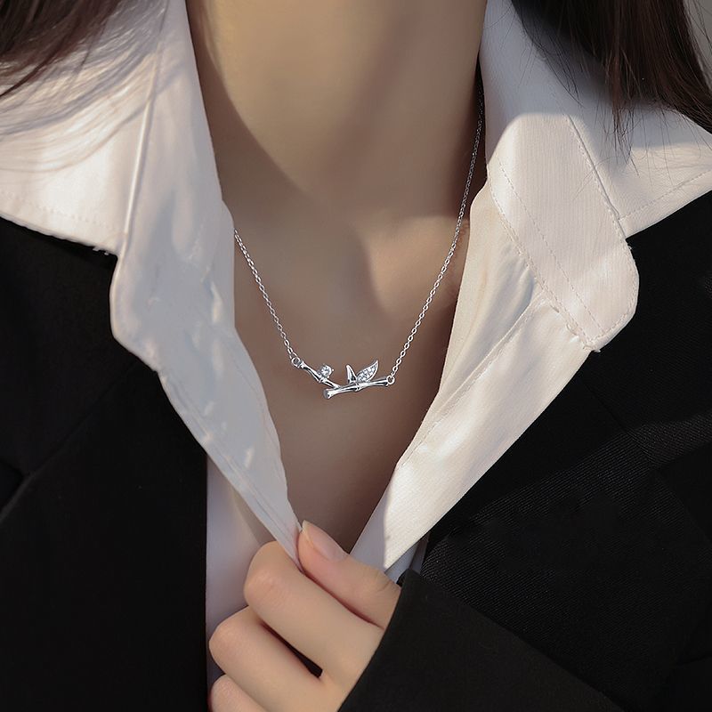 Silver Bamboo Necklace Women, Ins Style, Light Luxury, Elegant, Niche Design, High-end Collarbone Chain, Valentine's Day_voghion.com