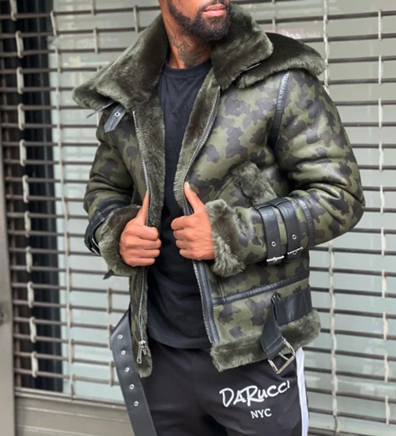 Vêtements pour hommes, veste en cuir pour hommes, style camouflage, grande taille, col double couche en laine, boucle de ceinture, 6567_voghion.com