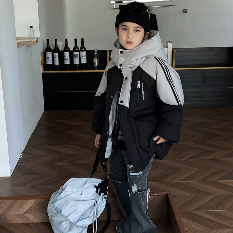 Boys' Long Down Jacket Winter Warm Thickened Hooded Coat For Kids Age 8+ (Black/Red)_voghion.com
