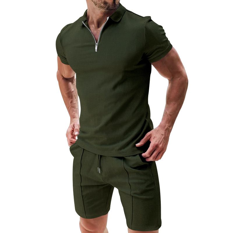 Ensemble short à manches courtes pour hommes, ensemble T-shirt à col ample décontracté de couleur unie polyvalent d'été_voghion.com