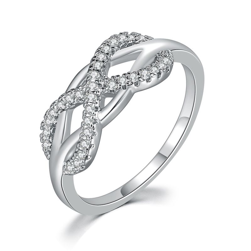 Simple bow shape women's ring Zircon micro inlaid platinum plated jewelry_voghion.com