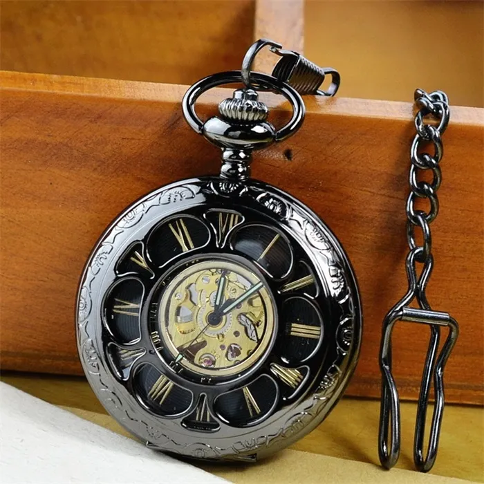 Vintage hollow back transparent pocket watch clamshell student Men's and women's Mechanical movement Romanized men's manual mechanical pocket watch_voghion.com