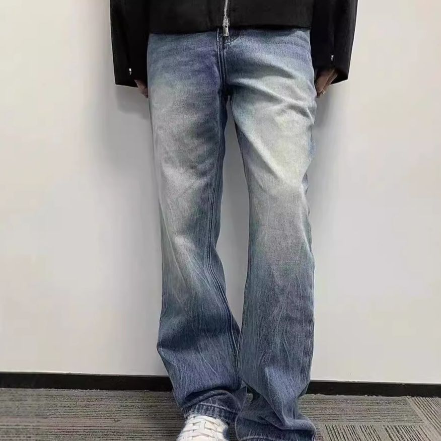 Cleanfit Ripple Blue Cow Must Have Ripple Washed Lightning Pattern Flared Jeans Bootcut Trousers Men_voghion.com