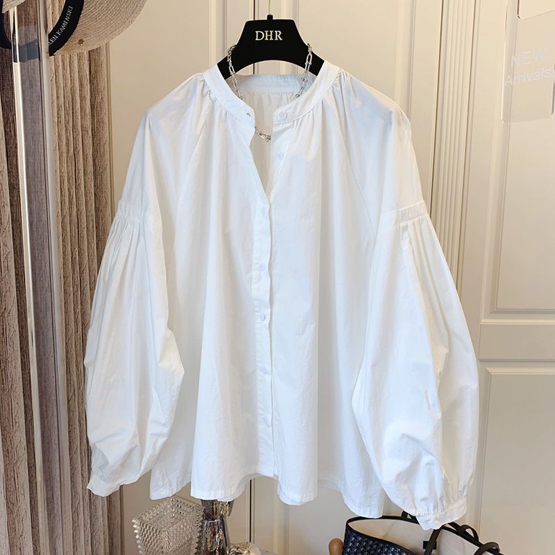 Women's Clothing Retro Pleated Puff Sleeve Loose V Neck Shirt_voghion.com