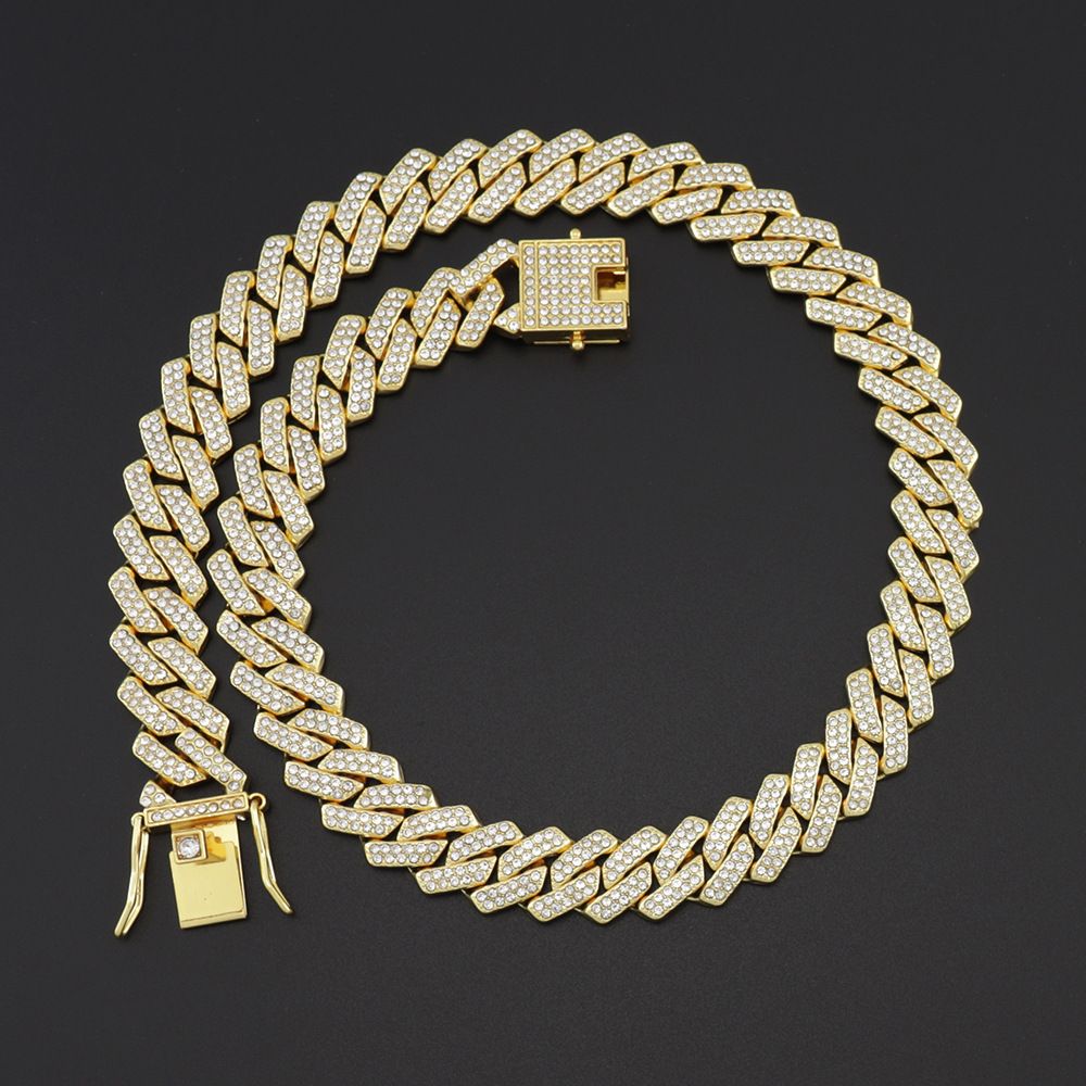 14mm Wide Full Rhombus Chain Necklace Cuban Bar Double Row Diamond Hip Hop Accessories New Style_voghion.com