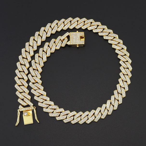 14mm Wide Full Rhombus Chain Necklace Cuban Bar Double Row Diamond Hip Hop Accessories New Style_voghion.com