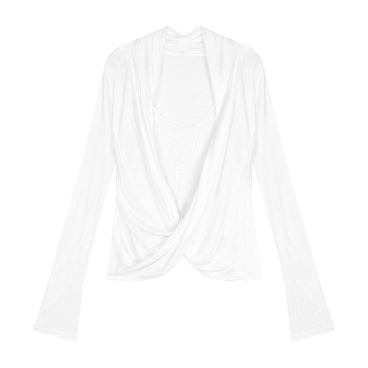 Franséisch Stil Sexy Swingkragen Liicht transparent T-Shirt Fir Dammen Fréijoers Spitze Splicing Mat Slim Fit Top Dobannen_voghion.com