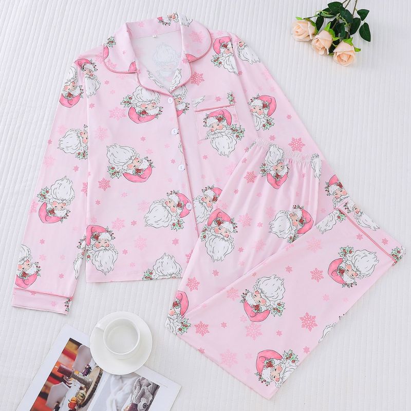 Damen-Pyjama-Set mit bedruckten Ärmeln, langen Hosen, Loungewear, Strickjacke, Umlegekragen, locker und bequem_voghion.com