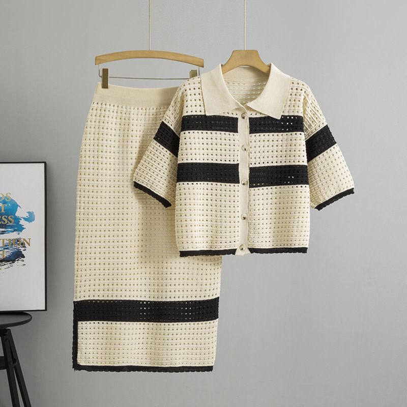 Vêtements pour femmes à la mode et élégant cardigan à manches courtes en tricot creux rayé, jupe mi-longue, costume deux pièces_voghion.com