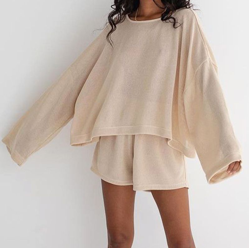 Women's Sleepwears New Long Sleeved Cotton And Linen Pajamas Two Piece Loose Shorts Fashion Ladies Home Clothes_voghion.com