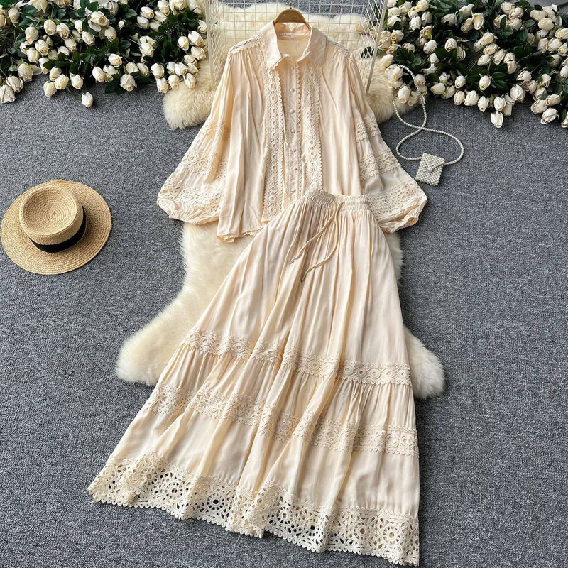Vêtements pour femmes, costume rajeunissant, dentelle creuse de haute qualité, lanterne à manches longues, jupe ajustée taille haute_voghion.com