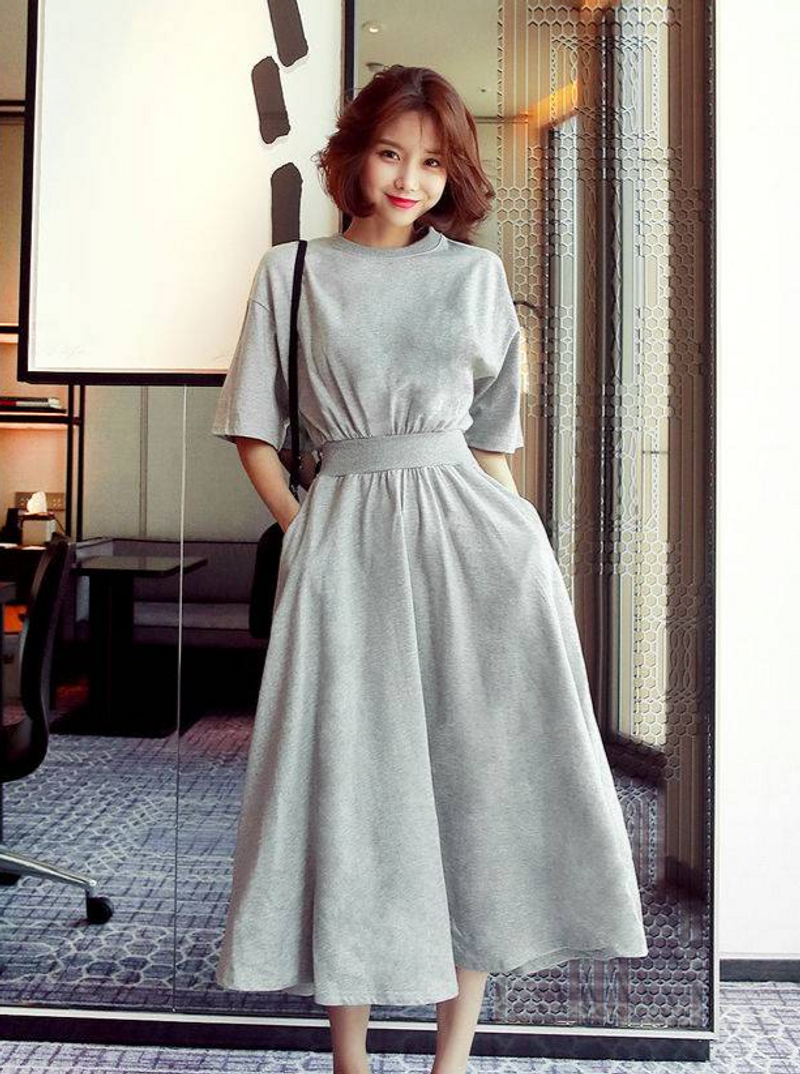Robe mi-longue trapèze sur mesure européenne - Taille haute structurée avec manches 3/4 respirantes et ceinture intérieure_voghion.com