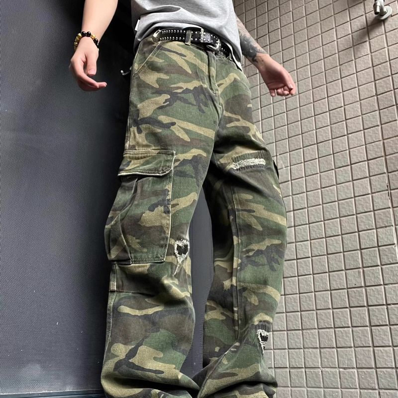 Jeans cargo mimetici vintage per uomo e donna - Pantaloni in denim di cotone comodi, gamba dritta, effetto consumato e orlo svasato_voghion.com