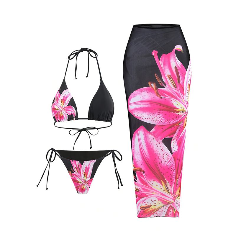 Nuovo costume da bagno stampato bikini aderente gonna avvolgente costume da bagno tre pezzi costume da spiaggia da donna_voghion.com