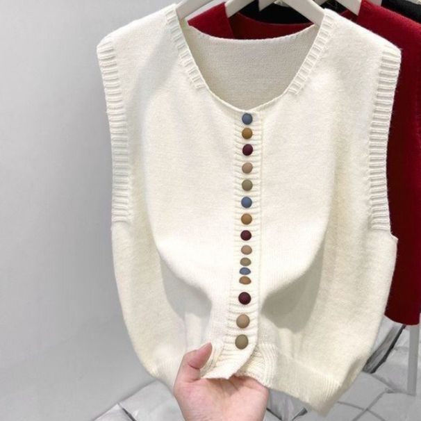 Modische Strickweste für Damen mit Regenbogenknöpfen; ideal zum Überziehen über einen Pullover._voghion.com