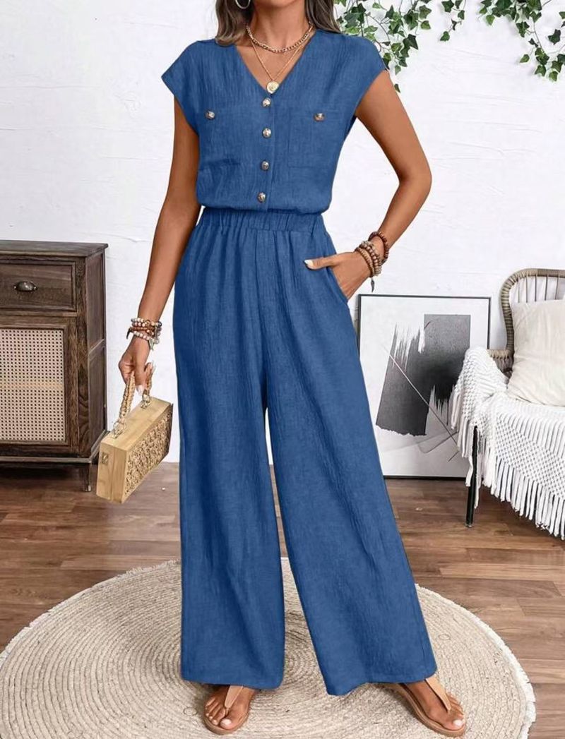 Women's Clothing V Neck Button Patch Pocket Casual Fashion Jumpsuit_voghion.com