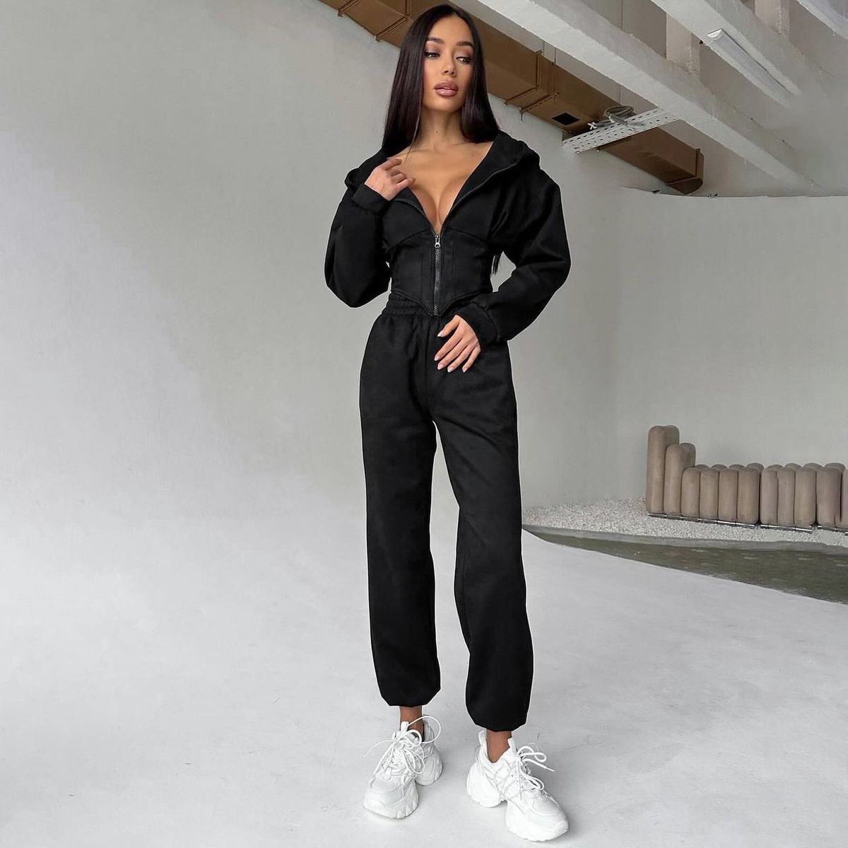 Damenbekleidung Einfacher, einfarbiger Herbstpullover mit dünner Taille und Kapuze, zweiteiliger Anzug für Damen, lockere Freizeithose_voghion.com