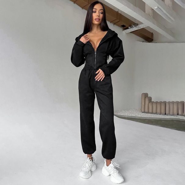 Damenbekleidung Einfacher, einfarbiger Herbstpullover mit dünner Taille und Kapuze, zweiteiliger Anzug für Damen, lockere Freizeithose_voghion.com