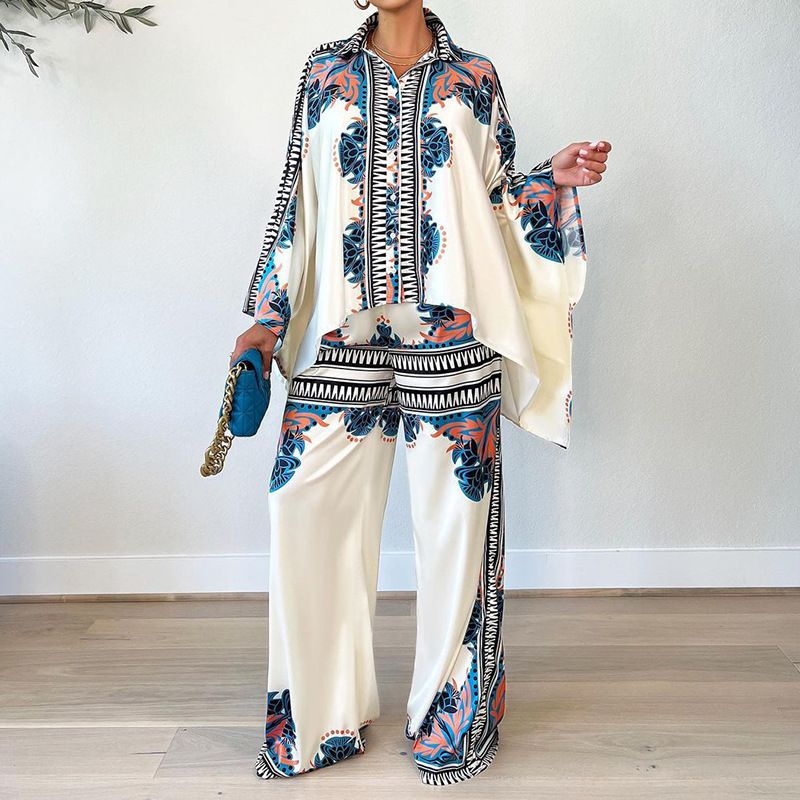 Women's clothing autumn new fashion printed lapel bat sleeve top loose trousers two-piece set_voghion.com