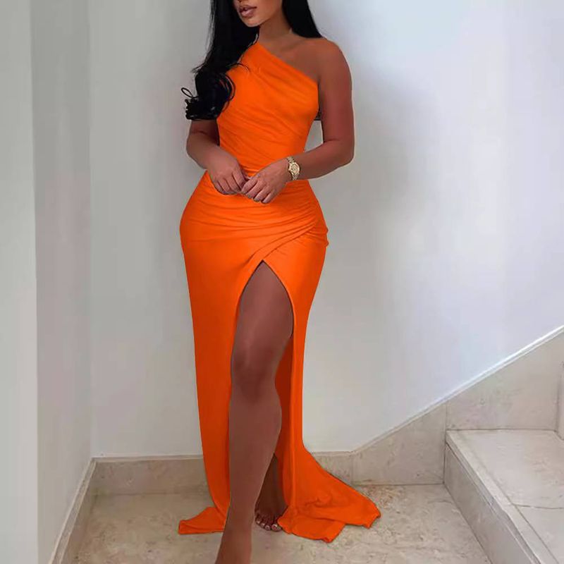 Women's Clothing off-the-shoulder gathered slit dress_voghion.com