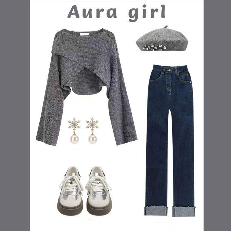 Roupas femininas Novo design chique Suéter de malha Jeans slim versátil Terno de duas peças_voghion.com