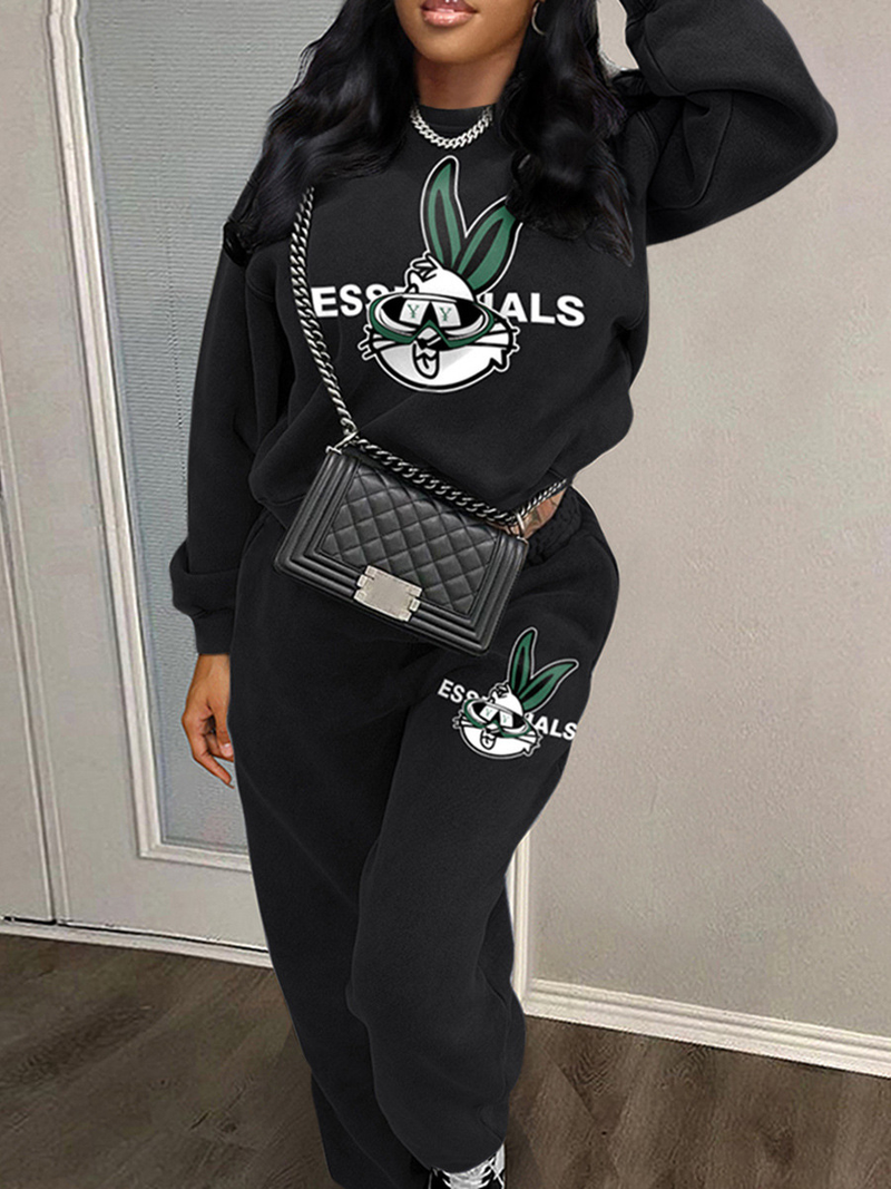 Completo in felpa girocollo Felpa con stampa di lettere di coniglio e completo di pantaloni della tuta_voghion.com