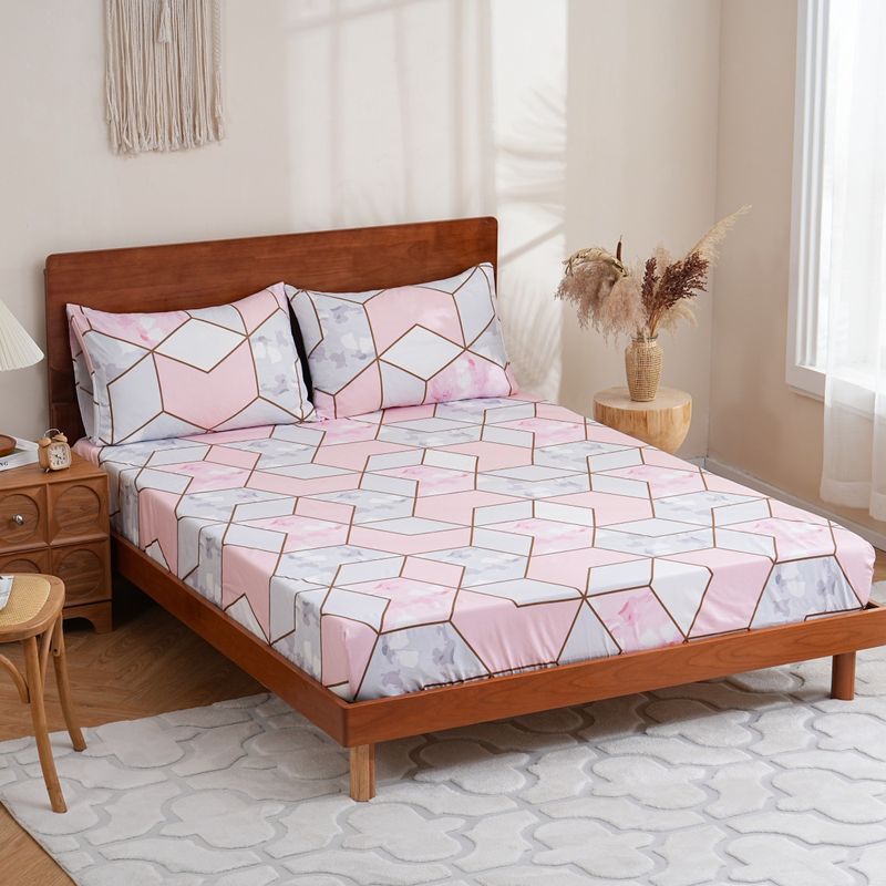 Lençol com elástico em mármore rosa – Capa de cama de poliéster impressa em 3D com bordas elásticas para decoração de quartos de meninas e adolescentes_voghion.com