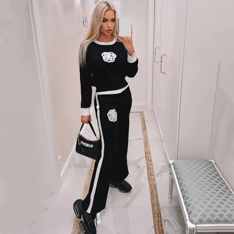 Damenbekleidung Kamelie Freizeitanzug Damen modischer Stil gestrickte Hose mit weitem Bein aus Wolle zweiteiliges Set_voghion.com